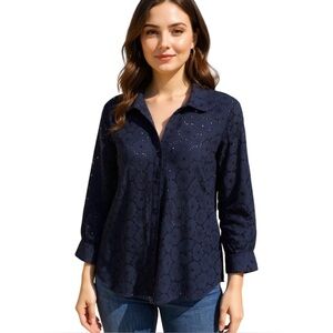 Nicole Miller Navy Eyelet Button Down Lace Shirt 1X